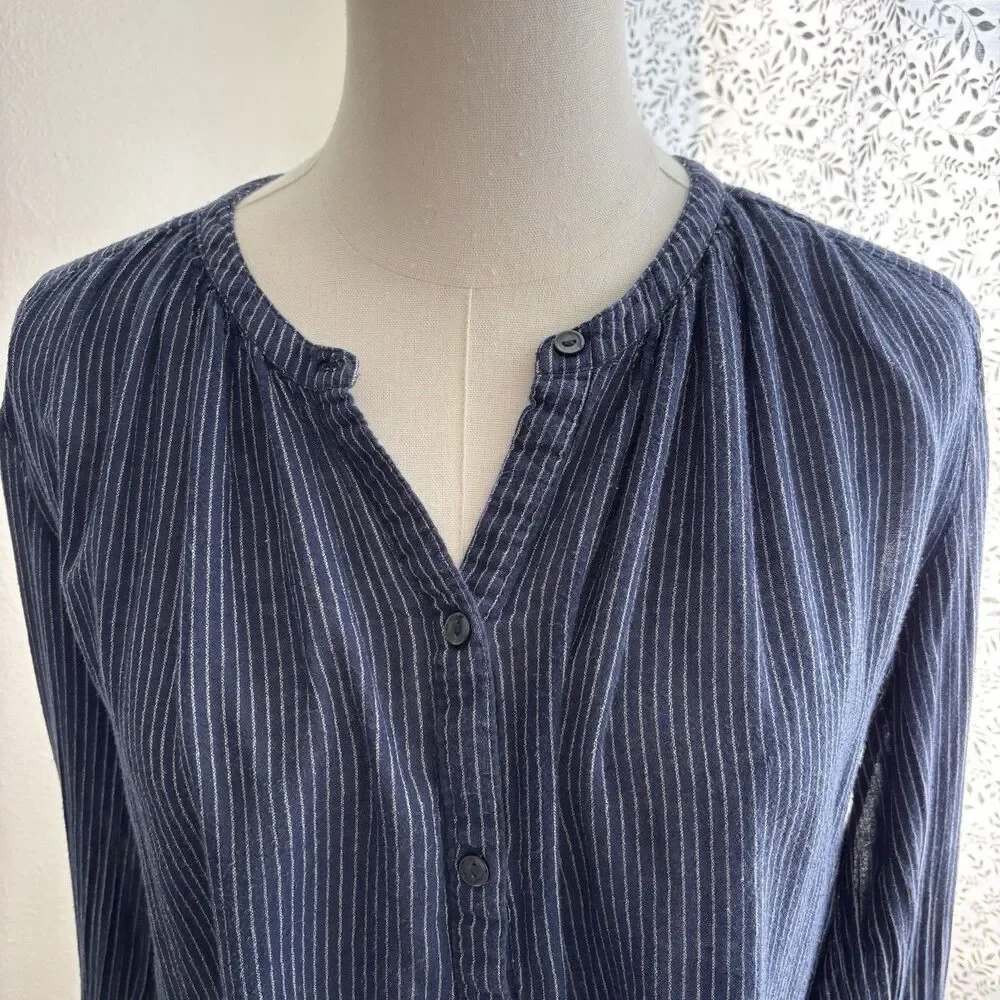 Old Navy Tunic Blouse Womens L Navy White Stripe 100% Cotton Button Front